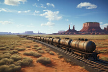 A Train Carry Petroleum Oil Tank Running With Landscape Of American’s Wild West With Desert Sandstones.