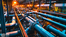 Horizontal View Of An Industrial Facility With Steel Pipes, Valves, And Machinery.