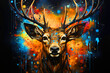 Abstract, multicolored neon portrait of a deer looking forward, in the style of pop art on a black background.