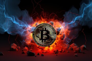 Wall Mural - Bitcoin is on fire as the future digital payment currency. Photorealistic.