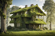 A house with a go green concept with old trees that have moss on their trunks