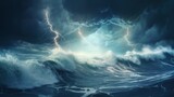 Fototapeta  - Bright lightning strike over sea tide in a thunderstorm at night.