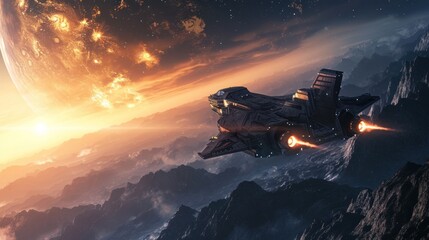 a space airplane spaceship flying over a giant planet in space.