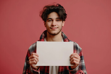 Smiling Young Guy Holding Blank Advertising Billboard in Hands, Caucasian Male with Beard, Happiness Concept on White Cardboard Background