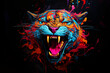 multi colored, neon portrait of a tiger looking forward, in the style of pop art on a black background.