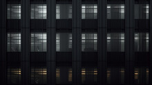 Seamless Skyscraper Facade With Gray Tinted Windows And Blinds At Night. Modern Abstract Office Building Background Texture With Glowing Lights Against Dark Black Exterior Walls, Generative AI