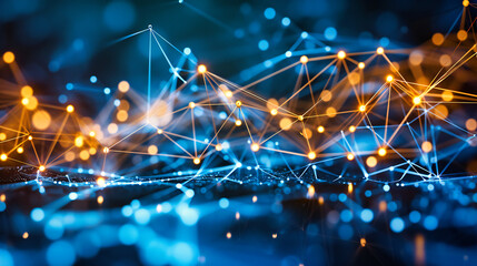 Futuristic abstract network concept with blue lines and interconnected shapes.