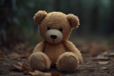 Fototapeta  - Teddy bear plushie. Stuffed and wonderful toy sitting alone green forest. Generate AI