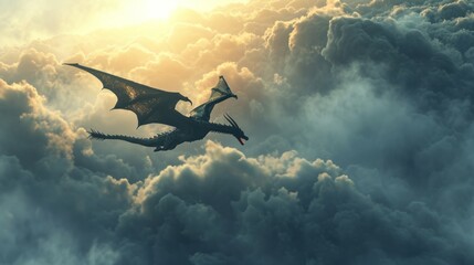 Wall Mural - Powerful dragon flying in sky with heavy clouds.