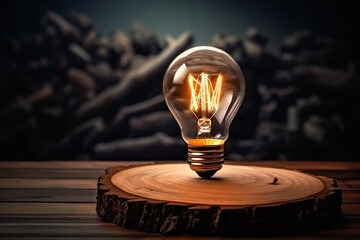 Wall Mural - creativity ideas concept with light bulb and wood sawdust on black stone table vintage color tone