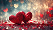 Abstract Defocused Valentines Card With Red Hearts On Shiny Glitter