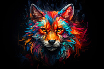 Wall Mural - multicolored neon portrait of a fox looking forward, in the style of pop art on a black background.