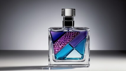 A rectangular glass perfume bottle with a triangular design of blue, purple, and clear colors.