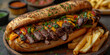 Sandwich Brötchen mit leckeren Steak in Gemüse und Pommes Frites angerichtet als Produktfotografie, ai generativ