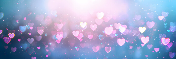 blue and pink glitter vintage lights background. defocused. hearts overlay