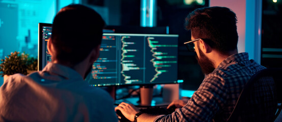 Wall Mural - in the code's glow: developers delve into programming, surrounded by screens filled with lines of co