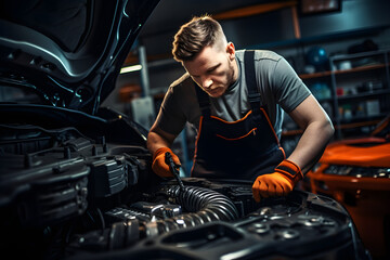 Car mechanic working in a modern auto repair shop, automotive service