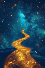 Wall Mural - Surrounded by a starry sky, Bright stars, In the universe, A golden road in the starry sky, The road from top to bottom, Oriental aesthetics, Chinese traditional art, negative space, satellite image.