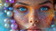 Captivating image a close up woman's face decorated with precious stones and pearls.  Surrealistic artwork. The intricate details, and utilize soft lighting. The magical and dreamlike ambiance.