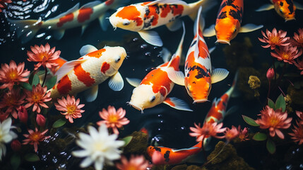 Wall Mural - High angle view of koi carp swimming in aquarium,Romania photo top view koi fishes,  Generate AI