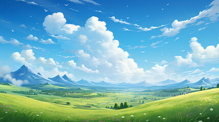 Hills, green grass and sunflower plants, beautiful and cloudy, Generate AI