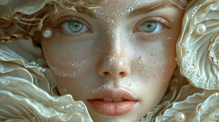 Captivating image a close up woman's face decorated with shell and pearls.  Surrealistic artwork. The intricate details, and utilize soft lighting. The magical and dreamlike ambiance.