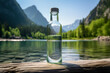 glass bottle with water, water clear and clean, on the background of a mountain river