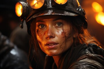 Fototapeta a determined firefighter emerges from the darkness, her face bloodied but her helmet still intact, a portrait of resilience and bravery in the face of danger