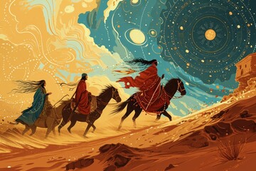 Canvas Print - Whirling sandstorm nomads, wandering the desert in search of lost treasures - Generative AI