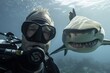 A scuba diver's selfie with a shark in the ocean. Portrait.