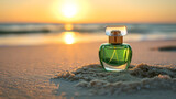 Fototapeta  - a green perfume bottle on a beach sand, studio photography natural lighting generative ai