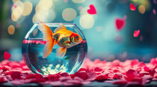 A Goldfish In A Bowl With Heart-shaped Decorations, Cute Animals, Valentine's Day, Dynamic And Dramatic Compositions, Blurred Background, With Copy Space