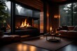 © Mehram - A modern interior design with a natural fire elegantly enclosed behind a glass door in a fireside.