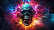 canvas print picture - Neon synthwave skull exploding into shining polygons - 3D Illustration rainbow splash background Generate AI