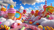 Sugar Coated Dreams: Candy Factory in the Clouds, 3D Model Showcasing Animated Candies and Sweets Being Manufactured with Pure Joy, Surrounded by a Whimsical Rainbow Palette