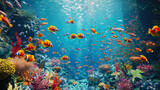 Fototapeta Do akwarium - Magical School of Fish Swimming Amidst a Vibrant Coral Reef, Creating an Animated Spectacle in the Mystical Depths of the Ocean 3D Model
