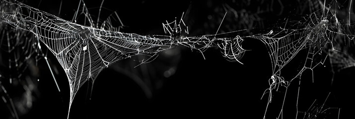 Wall Mural - Real creepy spider webs hanging on black banner