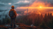 16:9 Or 9:16 Engineer  Standing On Top Of A Wind Turbine Looking At A Wind Turbine Generating Electricity On Another Mountain Peak.