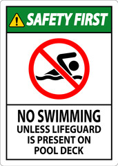 Wall Mural - Safety First Pool Sign No Swimming Unless Lifeguard Is Present On Pool Deck