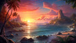 A tropical ocean beach sunset picture with palm trees and ocean waves, Sunset over beach sky view