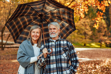 Wall Mural - Senior couple walking in the park in autumn