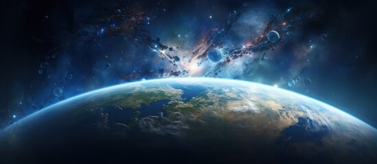  Fantasy space galaxy background of planet Earth lit by the Sun and the Milky Way. AI generated image