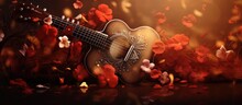 Red Rose And Petals On The Acoustic Guitar For Romantic View. AI Generated Image