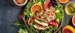 Top-down view of a dietary menu with fresh chicken salad, grapefruit, lettuce, and honey mustard dressing, promoting proper nutrition.