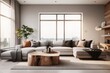 © Basileus - Interior home design of modern living room with gray sofa and live edge accent table with furniture and window