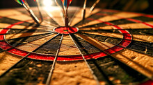 Dart Hitting The Bullseye On A Dartboard, Symbolizing Accuracy And Success In A Game.