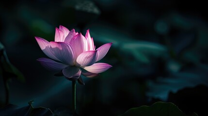 Wall Mural - Serene lotus flower in bloom, highlighted by soft sunlight against a dark, tranquil water background.