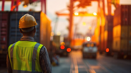 A male worker using a tablet works in a seaport container yard warehouse. Container warehouse inspection. Freight transport Import and export. Logistics business for the delivery of goods by sea.