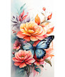 Watercolor colorful flowers butterflies logo facing forward Generative AI Photo