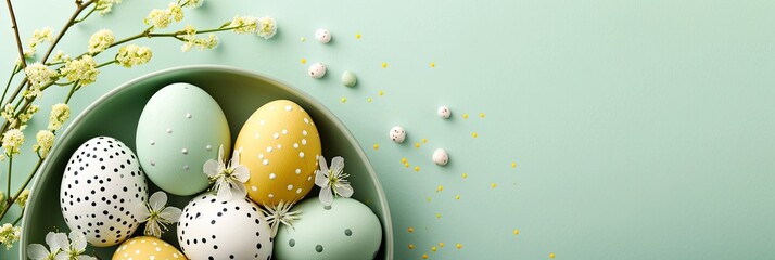Wall Mural - Colorful Easter eggs in a plate on a light green background green, yellow and white Easter eggs with flowers and dots on eggs frame banner with copy space for text in the middle
